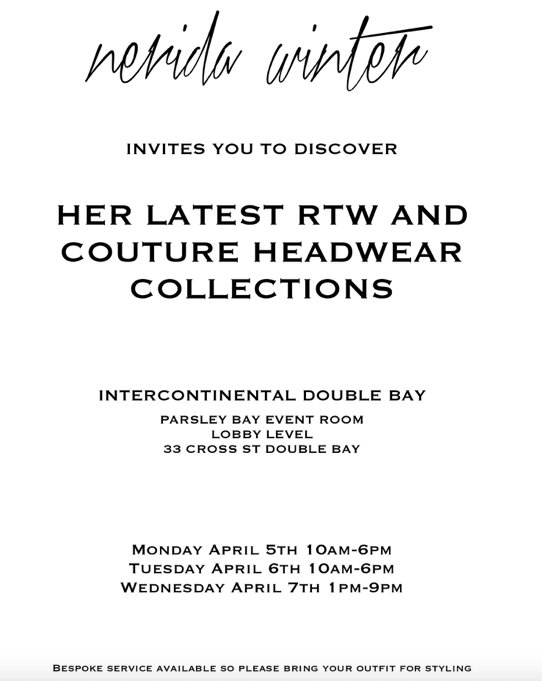 ForteandIvy's tweet photo. If you're in Oz this Easter, go along to the Hotel Intercontinental Double Bay where celebrity milliner (and best friend), showcasing her ready to wear hats and couture headwear.  Nerida is one of Australia's top milliners &amp; is official milliner of the Australian Jockey Club. https://t.co/xDCUHopl8x