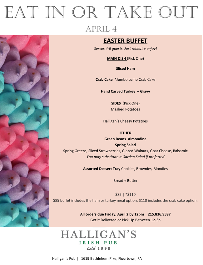 Halligans_Pub's tweet photo. Orders due TODAY for Easter take out and catering. Call today! https://t.co/8oqxFbJ37y https://t.co/0tk7jzHLc0