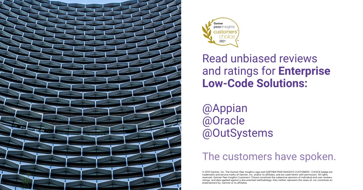 Gartner_Peer's tweet image. Unsure which #EnterpriseLowCode Application Platforms are right for your organization? The #GartnerPeerInsights 2021 Customers' Choice Distinctions give you a list of options: gtnr.it/EnterpriseLow-…
@Appian @Oracle @Outsystems