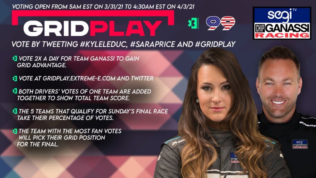 AlexPalou's tweet photo. The first ever @ExtremeELive race is this weekend and my @CGRTeams teammates need our help! 😌
Reply to this tweet with #SaraPrice, #KyleLeduc & #Gridplay OR vote for them by clicking the link! Go! 🔥
VOTE NOW: https://t.co/A2j57cN2z7 https://t.co/Aql7wmaV2o