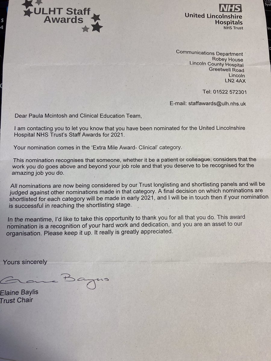 PJM (@paulajmcintosh) on Twitter photo Yesterday <a href="/ClinEdULHT/">Clinical Education Team @ ULHT</a> & I received a letter of nomination for a ULHT staff ‘Extra Mile Award - Clinical’ category. Feeling very appreciated & honoured, thank you for our nomination. #teamworkmakesthedreamwork <a href="/ULHT_News/">NHS United Lincs</a> Yesterday <a href="/ClinEdULHT/">Clinical Education Team @ ULHT</a> & I received a letter of nomination for a ULHT staff ‘Extra Mile Award - Clinical’ category. Feeling very appreciated & honoured, thank you for our nomination. #teamworkmakesthedreamwork <a href="/ULHT_News/">NHS United Lincs</a>