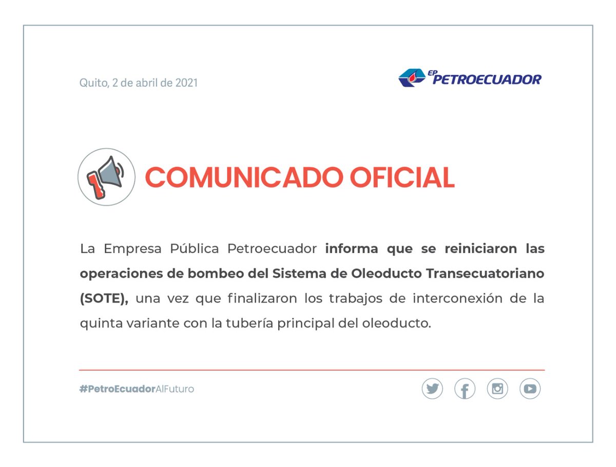 EPPetroecuador's tweet photo. IMPORTANTE| @EPPETROECUADOR informa a la ciudadanía sobre la normalidad en las operaciones de SOTE. https://t.co/NX0gKNtqt5