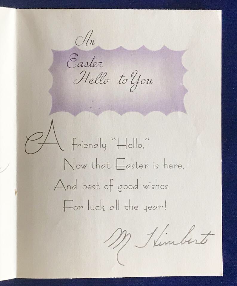 Yellowonetsy's tweet photo. A 1944 Rust Craft French fold style greeting card. Excellent find for a collector! For sale at https://t.co/92BjKTFNLm. #easter #VintageEaster #RustCraft #greetingcards #GraphicDesign #illustration #ephemera #vintage https://t.co/hFOE4NgK9q