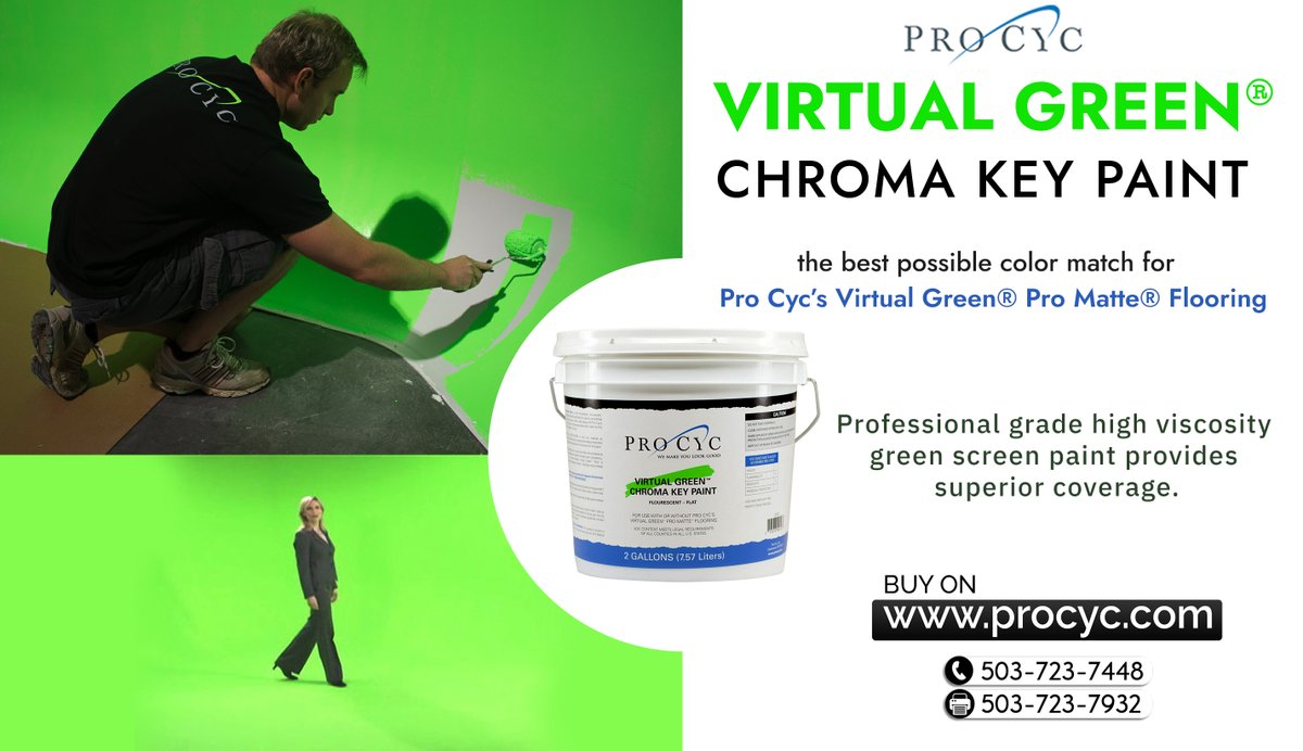 procyc's tweet image. Pro Cyc's VIRTUAL GREEN® CHROMA KEY PAINT was formulated specifically for use on #cycloramas in #virtualreality #productionstudios and the best possible color match for our #virtualgreen Pro Matte® Flooring*. For more details visit: bit.ly/3sL1ccB