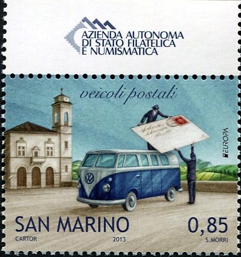 JePugh's tweet photo. @Philatelovely San Marino's 2013 Europa theme of Postman's Van,  designed by Stafano Morri. The classic VW of the 1950s in the colours of the San Marino flag in front of the Parva Domus near where the mail used to be sorted. #philately #SanMarino #stamp #postalvan  #letters #Europa https://t.co/mL93Z9s6MN