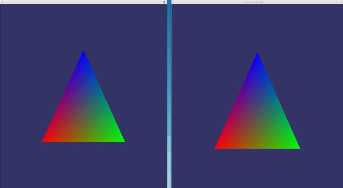 RobertOsfield's tweet photo. This week I've been busy experimenting with #NVidia #RTX #MeshShader support for the #OpenSceneGraph and #VulkanSceneGraph.
To the left in osgmeshshader, to the right is vsgmeshshader example, just a very simple GLSL triangle mesh shader for now. #OpenGL and #Vulkan. https://t.co/clmj46dWBk