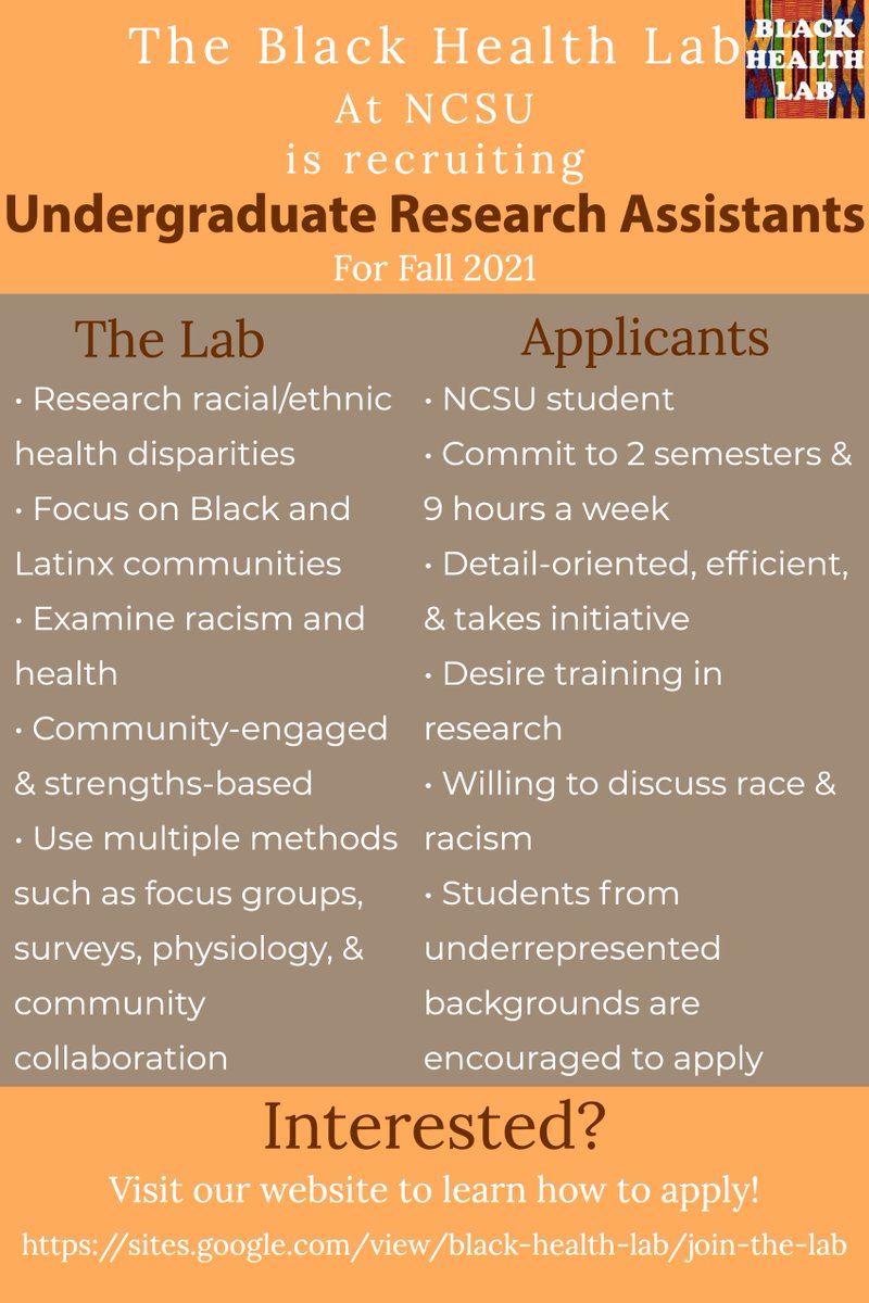 BlackHealthLab's tweet photo. 📢NCSU students! The Black Health Lab is looking for undergrads interested in researching racial/ethnic health disparities in Black &amp; Latinx communities. Applicants from any discipline can apply. BIPOC students are especially encouraged to apply. Check out how to apply below! https://t.co/Kf7fEQJCes
