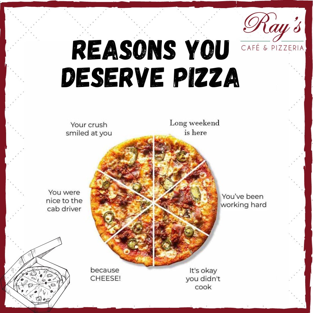 There are infinite reasons you deserve a delicious, emotionally satisfying pizza!

Come dine in at Ray’s or for  takeaways call us: 9322003288, 9833824843
Or order via our delivery partners Zomato and Swiggy.

#RaysPizzeria #RaysPizza #pizzalover #Mumbai #Bandra