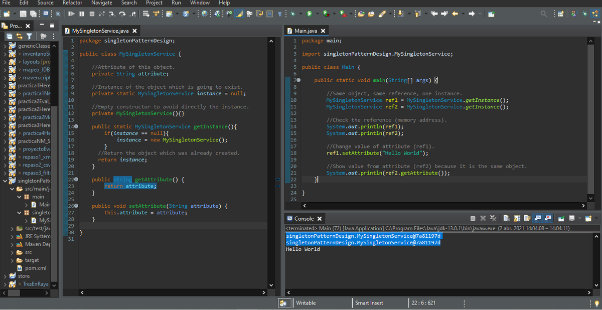 omtrintg0NFT's tweet photo. Java code with the singleton design pattern
using the same object with the same memory address.
#100DaysOfCode #100daysofcodechallenge #DEVCommunity #JavaProgramming #Java #Java8 #SingletonDesignPattern https://t.co/pzkzRaGlwW