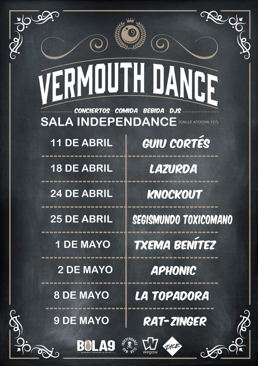 Continuamos apostando y peleando por la música en directo! Próximas fechas actualizadas del ciclo de conciertos "Vermouth Dance' en <a href="/independance/">Independance Club</a> de #MADRID