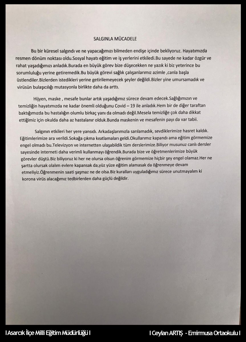 Asarcik Ilce Milli Egitim Mudurlugu On Twitter Asarcikpandemiokuryazarligi Pandemiveegitim Pandemi Okur Yazarligi Projesinde Pandemi Ve Egitim Temali Kompozisyon Kategorisinde Dereceye Giren Eserlerimiz Tcmeb Ziyaselcuk Samsunmem