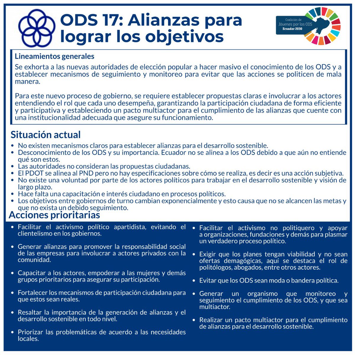 InvestoriaEc's tweet photo. #JovenesEcuador2030 te presentamos la propuesta de @ecuador2030 sobre 4 #ODS que requerimos que el siguiente gobierno incorpore. 

Trabajar por la igualdad de género, ciudades y comunidades sostenibles, accion por el clima y generación de alianzas son necesidades urgentes. https://t.co/6znV5iNr9P