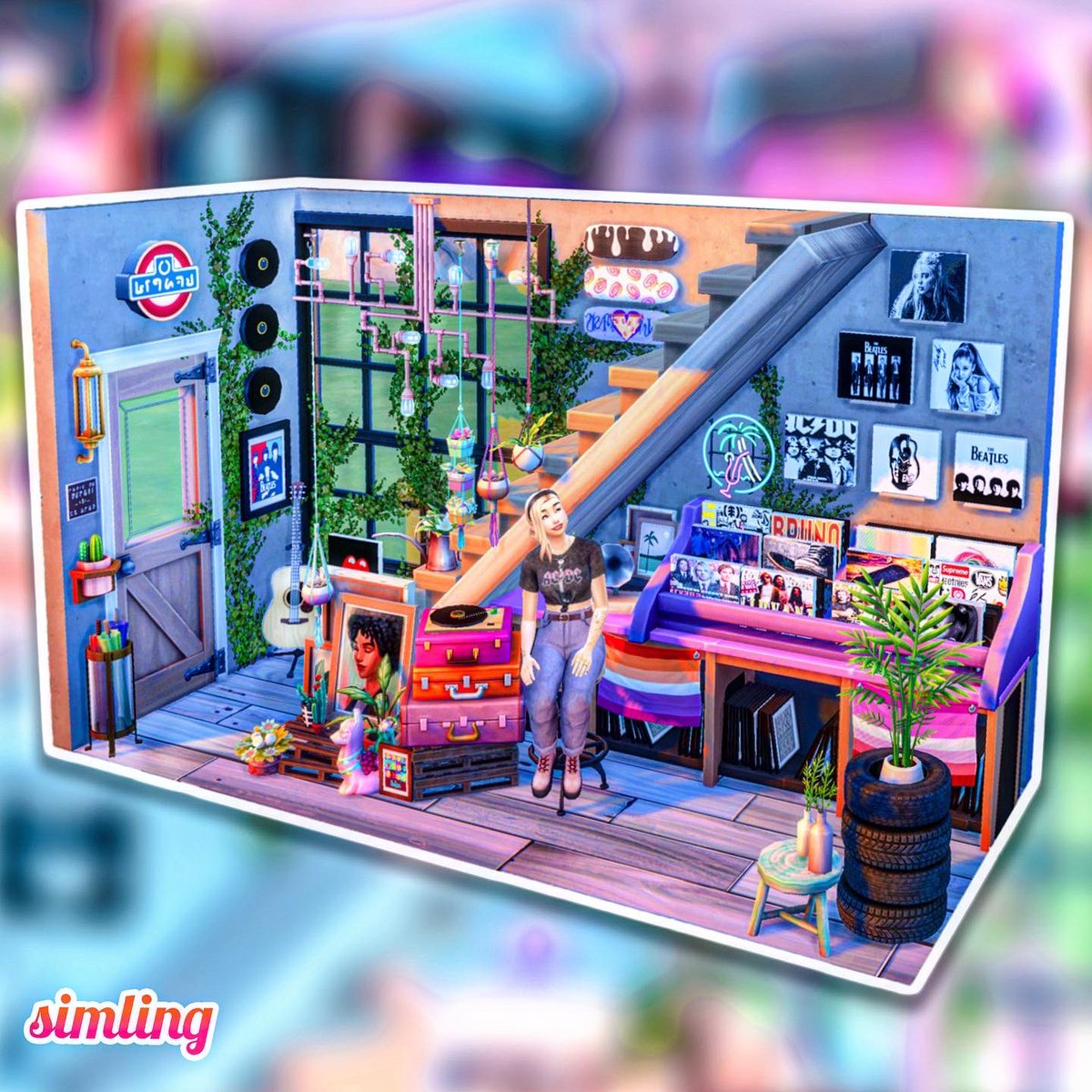 simling131's tweet photo. 🖤 𝖵 𝗂 𝗇 𝗒 𝗅  𝖱 𝖾 𝖼 𝗈 𝗋 𝖽  𝖲 𝗍 𝗈 𝗋 𝖾 📀 
Some more screenshots of my entry for the #StaircaseNookChallenge 💜
.
Day, evening and night. Which one you like most? 🌞🌅🌃

#ShowUsYourBuilds #TheSims4 #ts4 #nocc https://t.co/m0Lstg7Tsx