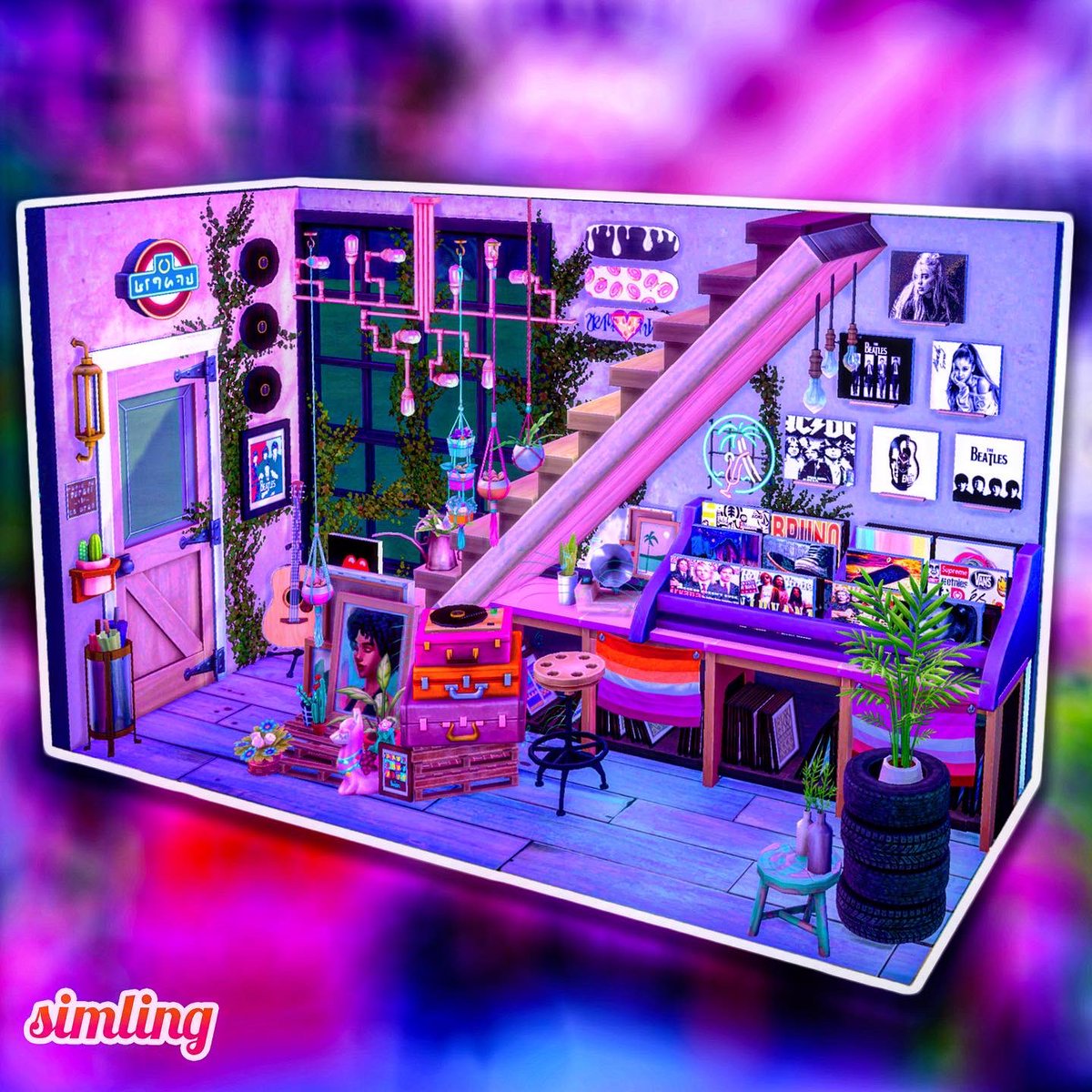 simling131's tweet photo. 🖤 𝖵 𝗂 𝗇 𝗒 𝗅  𝖱 𝖾 𝖼 𝗈 𝗋 𝖽  𝖲 𝗍 𝗈 𝗋 𝖾 📀 
Some more screenshots of my entry for the #StaircaseNookChallenge 💜
.
Day, evening and night. Which one you like most? 🌞🌅🌃

#ShowUsYourBuilds #TheSims4 #ts4 #nocc https://t.co/m0Lstg7Tsx