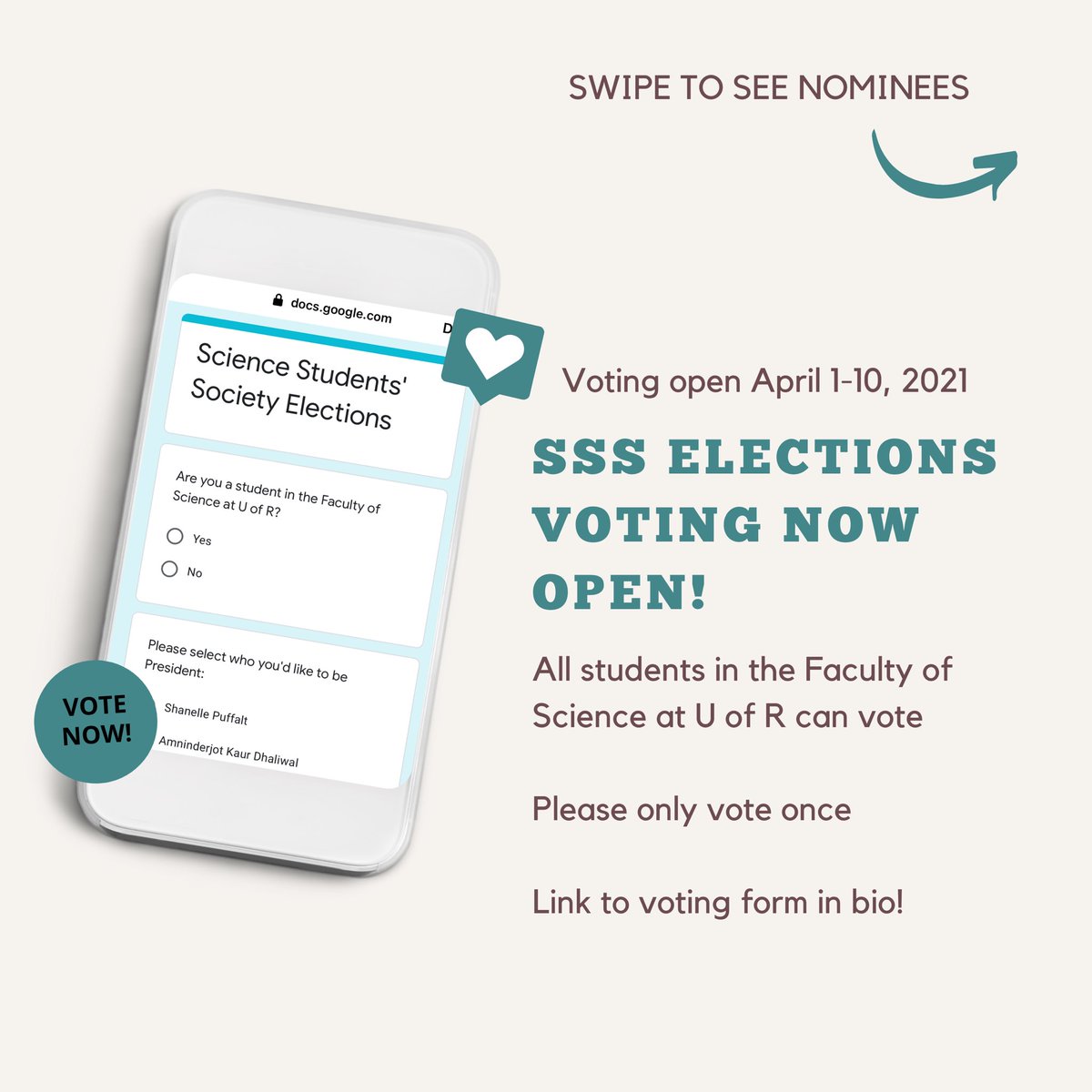 uReginaSSS's tweet photo. VOTING IS NOW OPEN FOR THE 2021-2022 EXECUTIVE COUNCIL ⭐️

We encourage all science students to have a choice in who will be representing them by voting! 🧪🧫🦠🧬

The link to vote is in our bio. ⬆️

Swipe to see all applicants! https://t.co/l79iAd1GFD