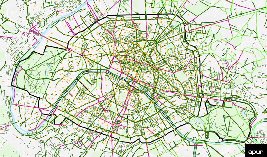 [#Cartographie] État des lieux des #AménagementsCyclables existants à #Paris et dans ses communes limitrophes : 
➡️+ de 1000 km d’aménagements
➡️+ de 450 km de pistes et bandes cyclables
➡️Environ 55 km d’aménagements temporaires
La carte à télécharger:
👉apur.org/fr/geo-data/am…