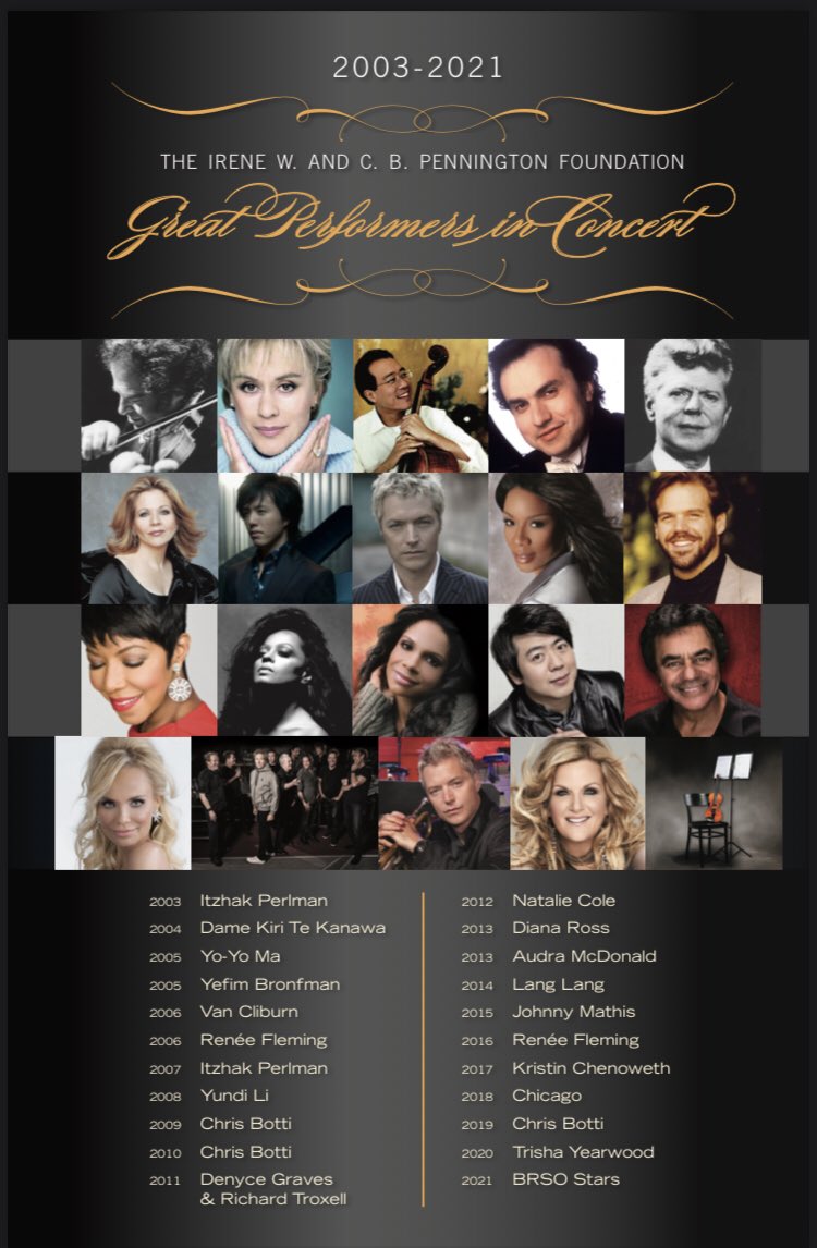 Wow! Nothing will stop the love of music...Fabulous @PennFoundation Great Performers include <a href="/KChenoweth/">Kristin Chenoweth</a> <a href="/ReneeFleming/">Renee Fleming</a> <a href="/lang_lang/">Lang Lang</a> <a href="/YoYo_Ma/">Yo-Yo Ma</a> <a href="/AudraEqualityMc/">Audra McDonald</a> <a href="/DianaRoss/">Ms. Ross</a> <a href="/PerlmanOfficial/">Itzhak Perlman</a> <a href="/chicagotheband/">Chicago, the band</a> <a href="/chrisbotti/">Chris Botti</a> <a href="/YefimBronfman/">Yefim Bronfman</a> <a href="/MathisJohnny/">johnny mathis</a> and 2021➡️@BRSymphony Stars✨
