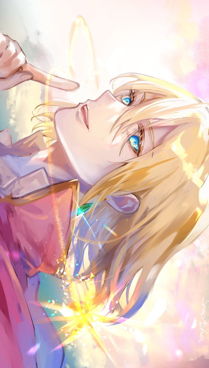 blonde hair male focus 1boy blue eyes solo jewelry hair between eyes  illustration images