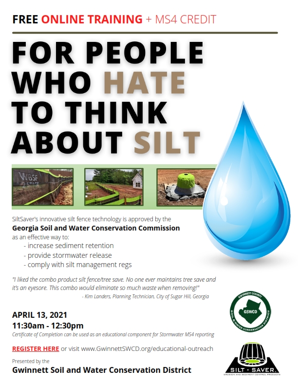 Learn about Silt Saver’s WBSF line of innovative silt fence products approved by <a href="/GaSoilandWater/">GSWCC</a>, plus other new performance-based erosion &amp; sediment control devices. Hosted by Gwinnett County Soil &amp; Water Conservation District gwinnettswcd.org/educational-ou…