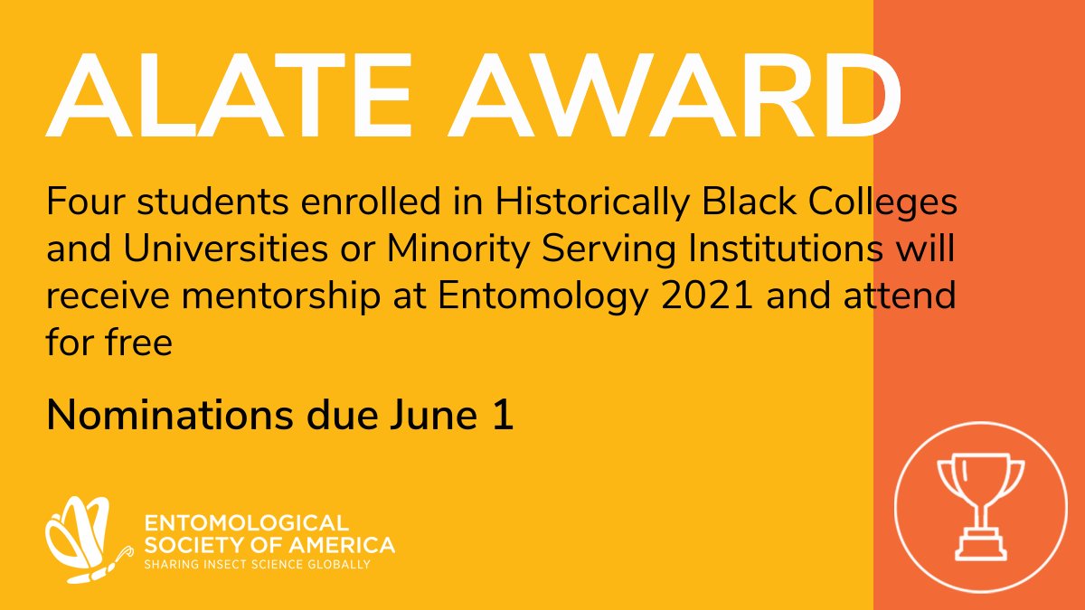 EntsocAmerica's tweet photo. NEW: The Alate Award. Four students enrolled in Historically Black Colleges and Universities or Minority Serving Institutions will receive mentorship at #EntSoc21 and attend for free. Learn more and nominate: https://t.co/l0Ky8R8yWa https://t.co/3HGkZM13eP