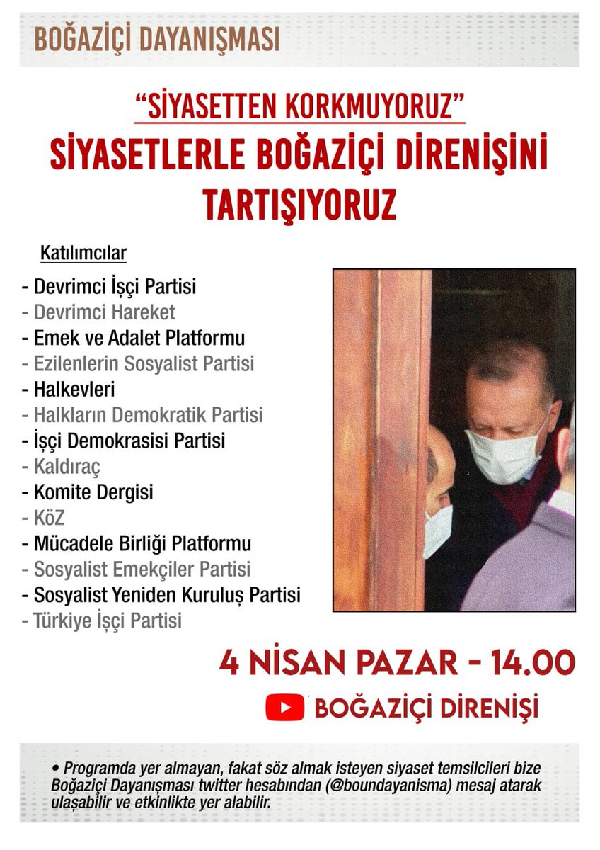 bounmeclis's tweet photo. Siyasetten korkmuyoruz: Üniversiteleri siyasal eylem ve tartışmaların durmaksızın üretildiği yerler haline getirmekte ısrarcıyız.

Mücadelemizin 3. ayında, Boğaziçi direnişiyle ilgili söyleyecek sözü olan siyasetlerle bugünü ve bundan sonrasını konuşuyoruz. https://t.co/pdx60L9MDI