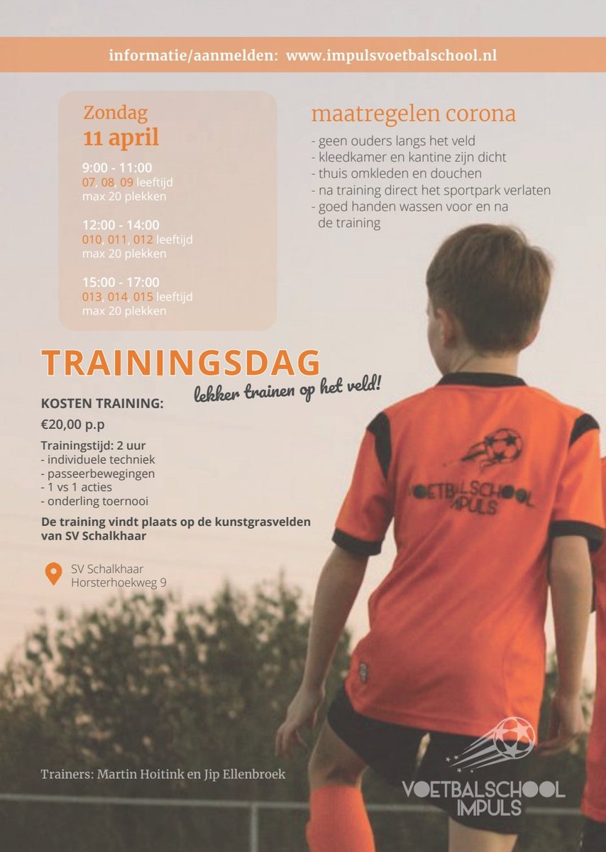 voetbalimpuls's tweet photo. Zondag 11 april organiseert Voetbalschool Impuls wederom een trainingsdag met veel individuele aandacht, technische onderdelen en partijvormen.  
Opgeven kan via de website of @martinhoitink @Jipie10 een berichtje te sturen! 

Fijne Pasen! https://t.co/h57dZXSNPF