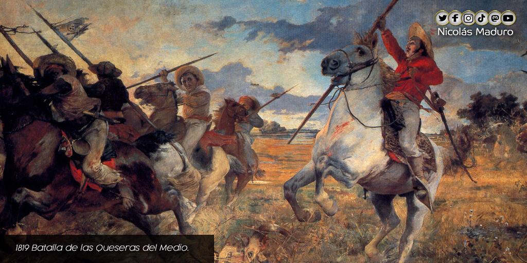 NicolasMaduro's tweet photo. ¡Vuelvan Caras! Se cumplen 202 años de una de las Batallas más brillantes de la historia. En las Queseras del Medio, nuestros Bravos de Apure, gracias a su gallardía y valor, lograron derrotar al imperio español. El pueblo venezolano, alza hoy las mismas lanzas de victoria. https://t.co/oHsye0vyCd