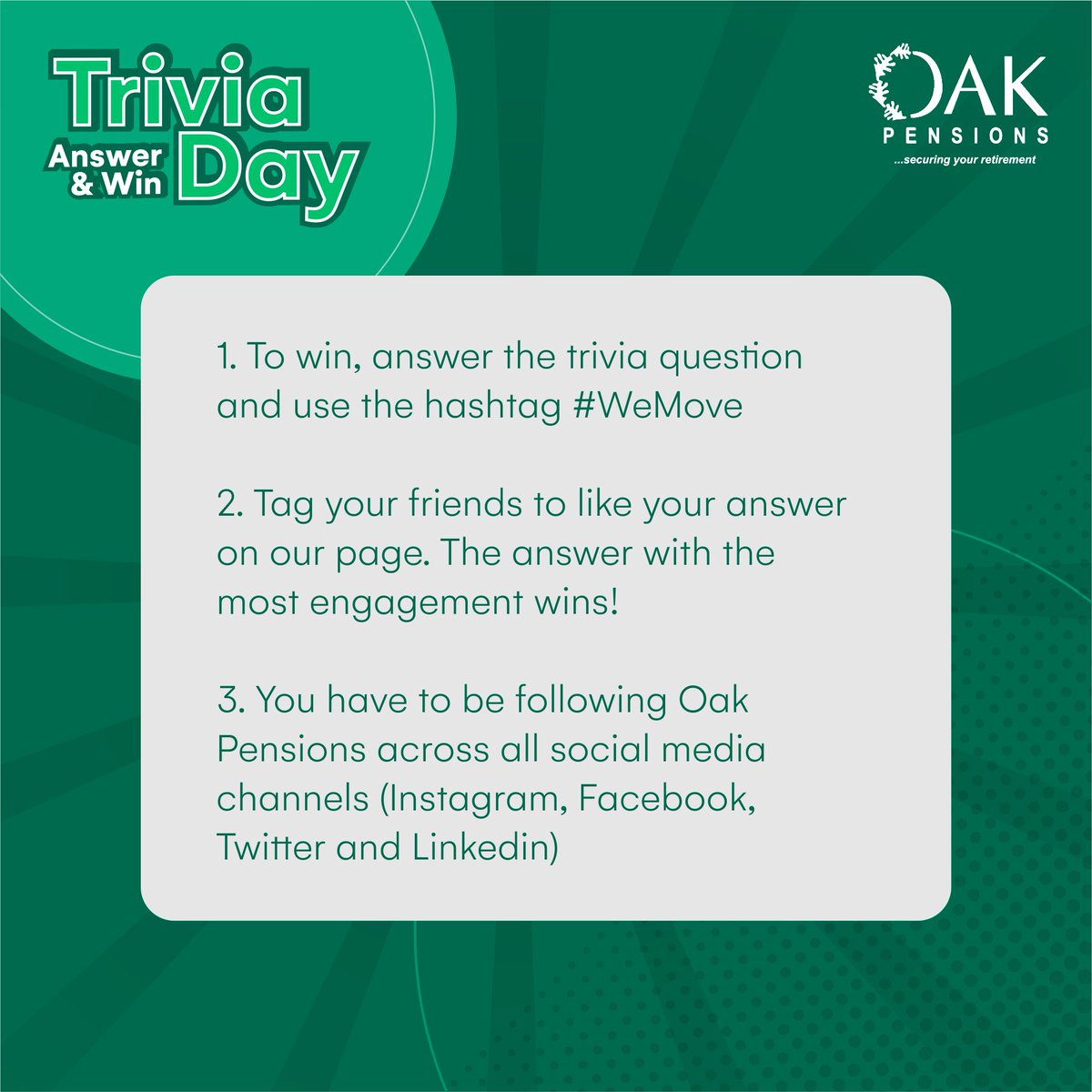 oakpensionsltd's tweet photo. Another chance to win!

Follow the instructions in the next slide to participate and win!

Remember to use the hashtag #WeMove (Swipe to find the criteria for winning). 👉👉

Winners will be announced on Sunday.  

#OakPensionsTriviaChallenge #Pensions #RetireToday #WeMove https://t.co/H4kZ1N6KyK