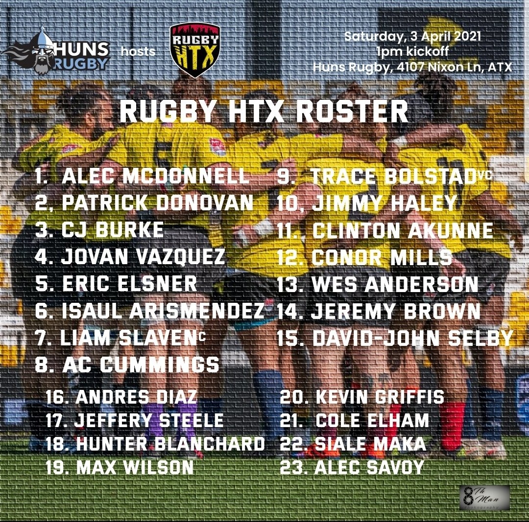 Roster announcement!
Rugby HTX takes on <a href="/AustinHunsRugby/">Austin Huns Rugby</a> tomorrow, 3 April, at 4107 Nixon Lane in #ATX. Congrats to the boys named to the squad!