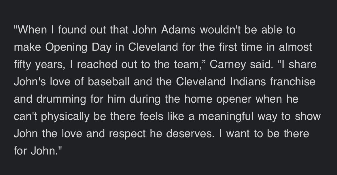 Patrick Carney, Akron native and drummer for the Black Keys, will assume John Adams’ bleacher seat and drumming duties for the home opener on Monday. Adams, recovering from health issues, will miss the home opener for the first time in nearly a half-century.