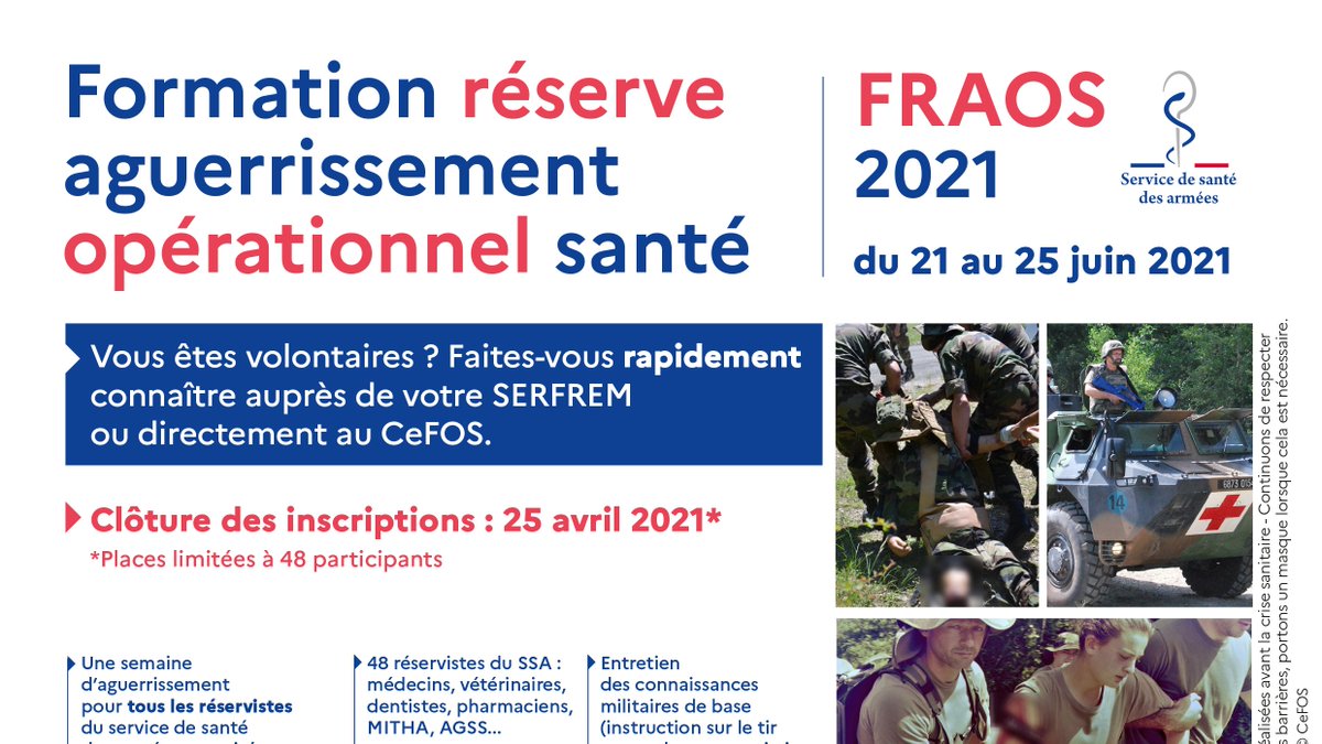 santearmees's tweet photo. [21-25 juin 2021] 🗓 Participez à la formation #réserve d’aguerrissement opérationnel santé (#FRAOS) organisée par le #CEFOS au camp de La Valbonne ! Au programme : instruction sur le tir au combat, transmissions, sauvetage au combat… #NotreDéfense
 ➡️https://t.co/WZHYJeaxyl https://t.co/u8DuR0EmXs