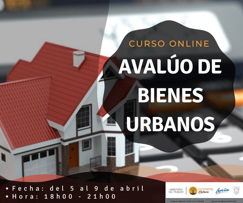 ValEcuador's tweet photo. CAPACITACIÓN: AVALÚO DE CASAS Y DEPARTAMENTOS 
🗓Fecha: Del 5 al 9 de Abril
⏳Hora: 18:00 a 21:00 pm
✅Certificado de aprobación avalado por Ministerio del Trabajo, (válido para calificación como perito).
🗂Contenido del curso: https://t.co/60z7B23Jty https://t.co/LQeZvmAPPK