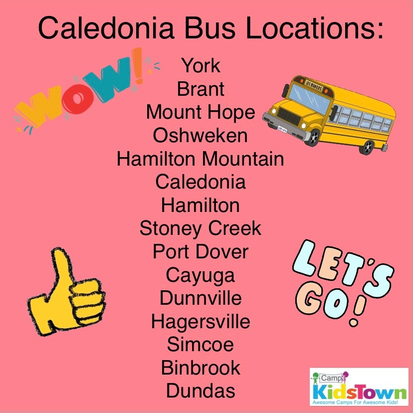 CampKidstown's tweet photo. Coming from out of town? No Problem! Camp Kids Town offers bussing from all these locations! We can’t wait to see you here in Caledonia this summer! 
#MiltonON #CaledoniaON #Summer2021 https://t.co/y7DhA8KCYE