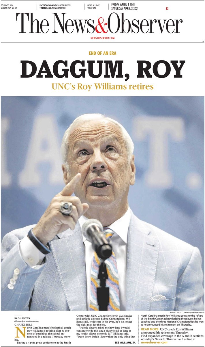 newsobserver's tweet photo. The News &amp; Observer | April 2, 2021

END OF AN ERA
DAGGUM, ROY
UNC's Roy Williams retires

🏀 https://t.co/eGVBYn803s