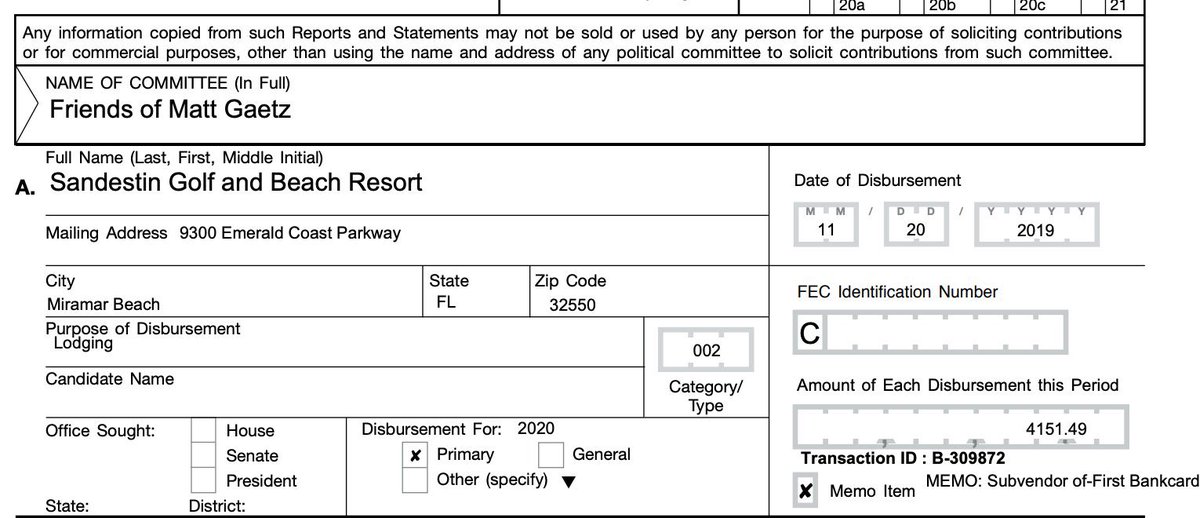 Here are a few of Matt Gaetzβs campaign expenses that must be investigated.
$4,151.49 Sandestin Golf & Beach Resort
$2,377.95 Marriott
$2,001 Trump DC Hotel
$1,928 American Air Lines
9/10 Ethics Cmte Members are tagged in this post. Please RT, QT, reply, etc. https://t.co/qvNEi3dsBk