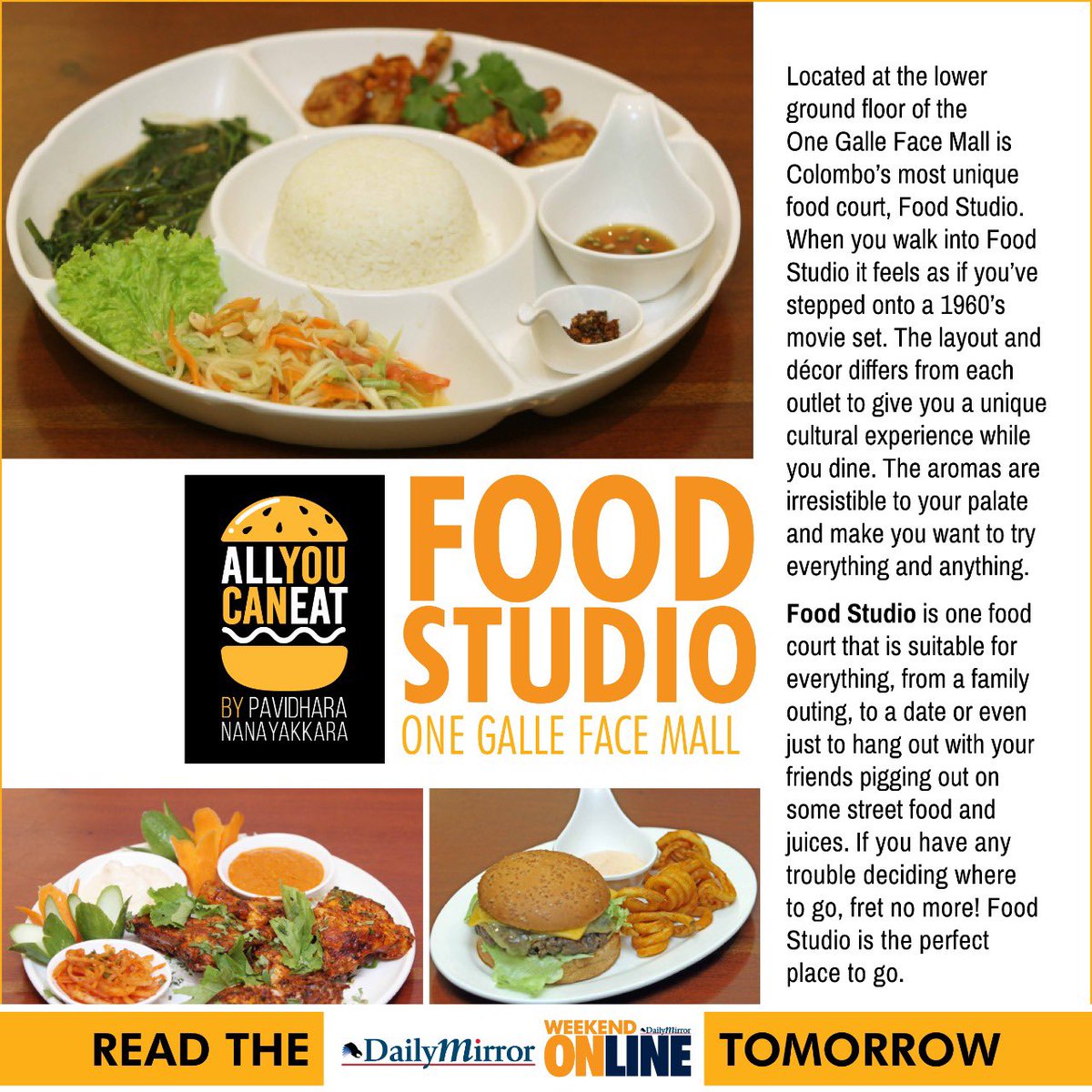 Dailymirror_SL's tweet photo. All You Can Eat by Pavidhara Nanayakkara.
A Review of Food Studio at the One Galle Face Mall.
Read the Daily Mirror Newspaper tomorrow!
#AllYouCanEat #PavidharaNanayakkara #FoodStudio #Foodie #FoodReview #TheWeekendOnline #DailyMirror https://t.co/VlAexDwVOy