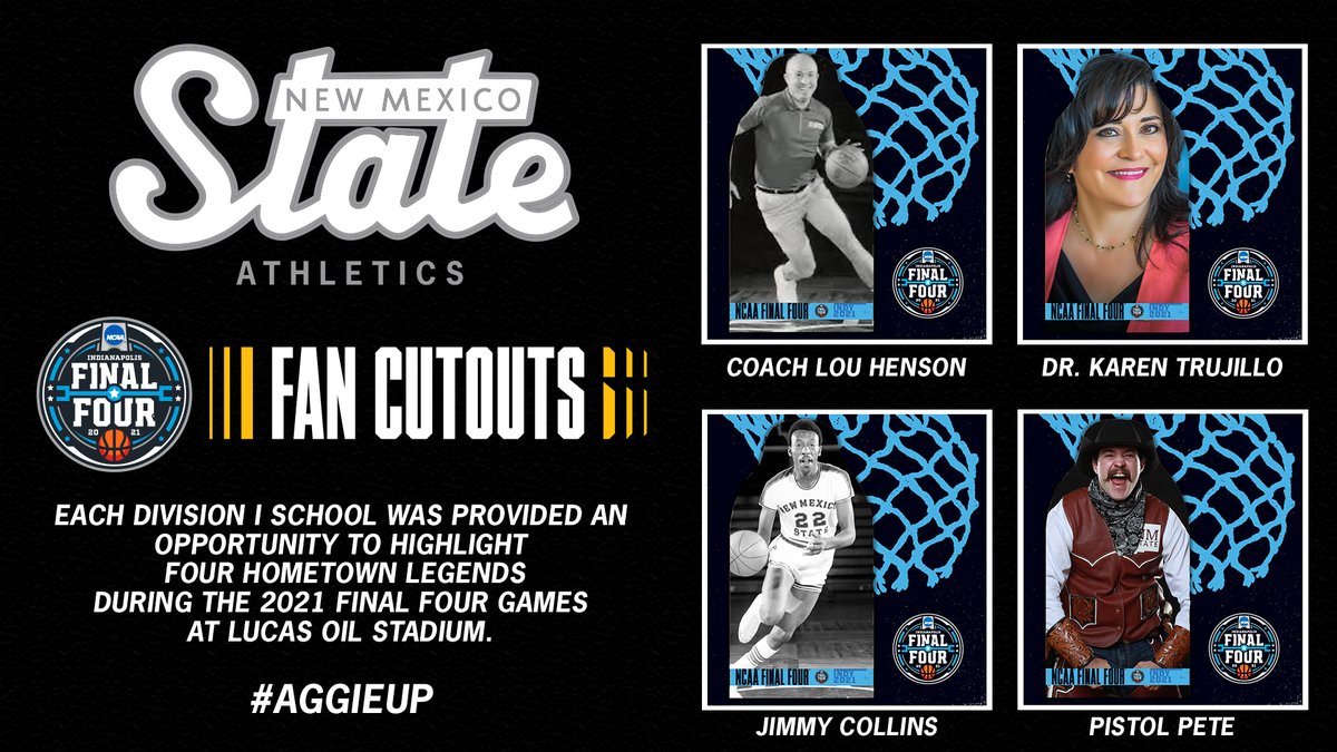 NMStateAggies's tweet photo. Lou Henson
Jimmy Collins
Dr. Karen Trujillo
Pistol Pete

These NM State hometown legends will be at the @FinalFour this weekend in Indianapolis 🏀 #AggieUp

📰 | https://t.co/XDW4NGbEOy https://t.co/827XohOdSe
