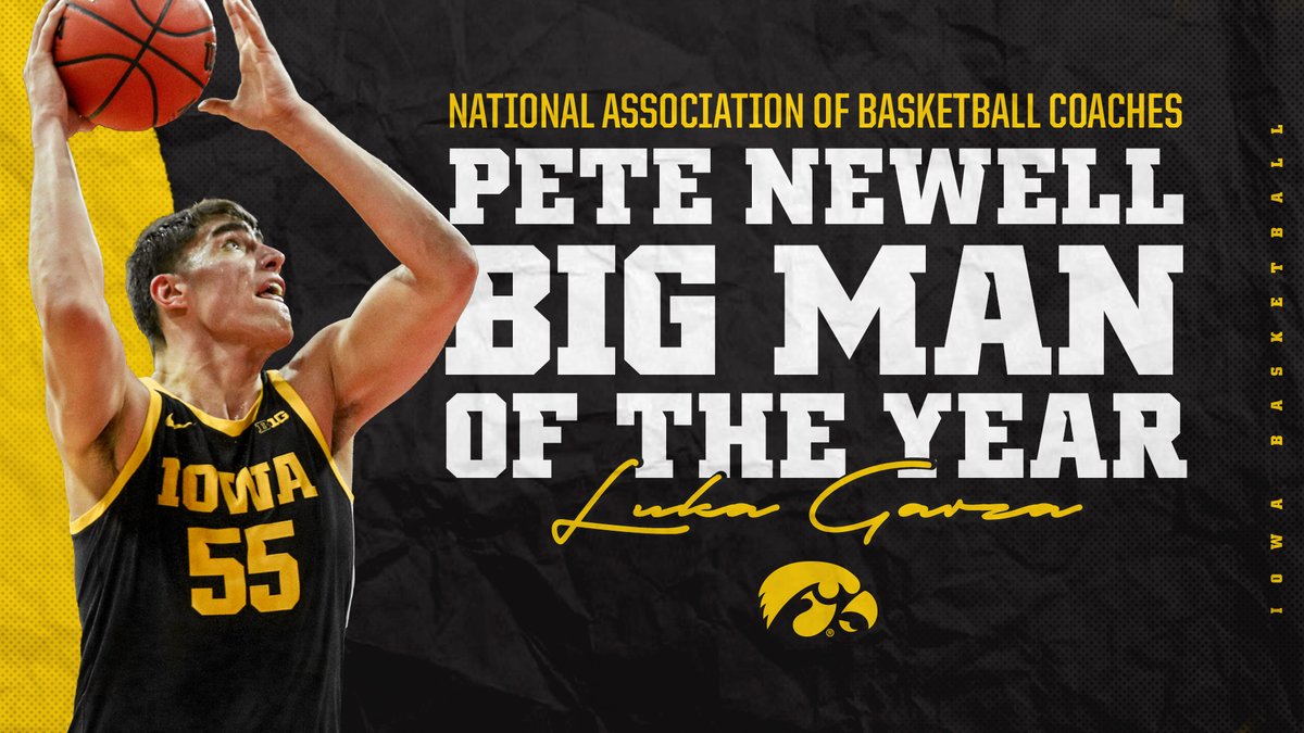 IowaHoops's tweet photo. 2 more awards for Luka Garza's trophy case 🏆

Congrats, @LukaG_55, on being named the @NABC1927 Division I Player of the Year and Pete Newell Big Man of the Year! 👋👋

STORY: https://t.co/e41gMCkjLH https://t.co/8HX2eqcOlV