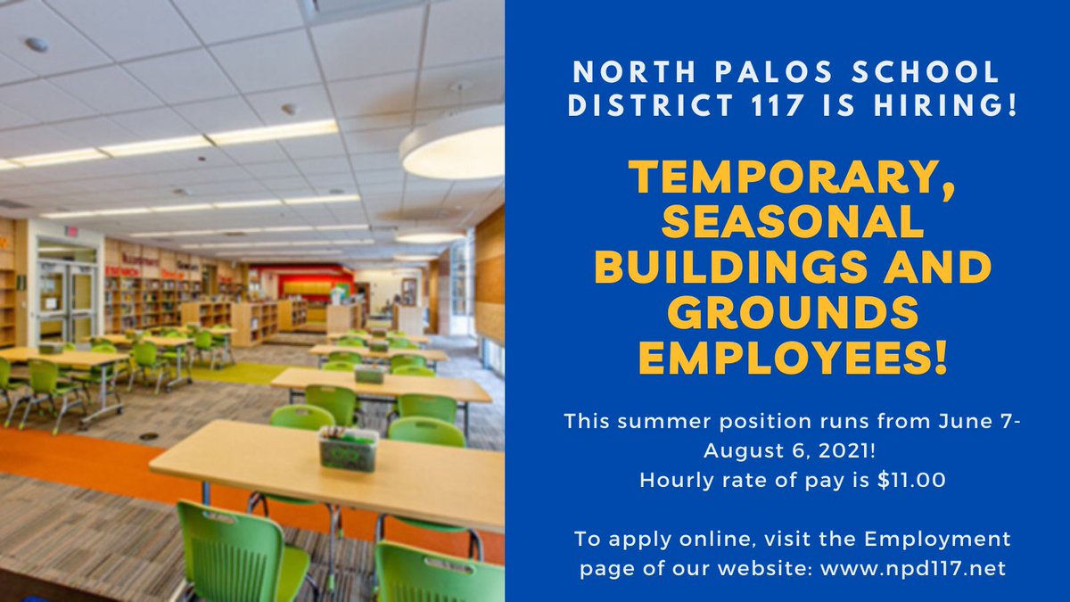LisaWhitcomb9's tweet photo. North Palos School District 117 is looking for seasonal Buildings and Grounds employees! To apply, visit the “Employment” page on our website: https://t.co/I1AREX2niP

@NorthPalosSD117 https://t.co/fzLUmj7eVs