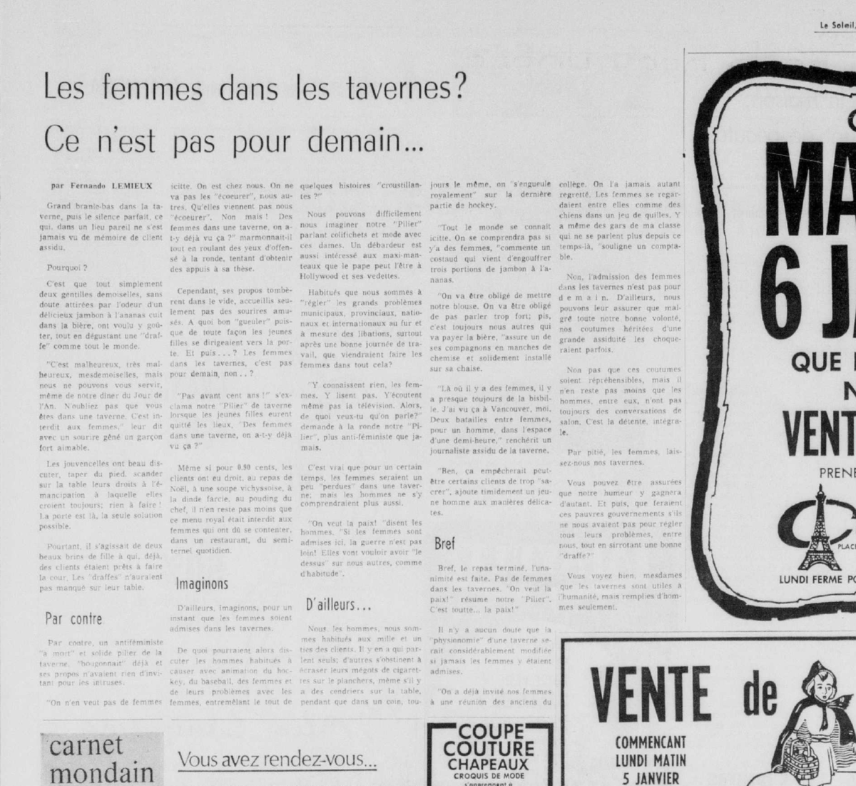 histmem's tweet photo. (8) A 1970 newspaper states: "Par pité, les femmes, laissez-nous nos tavernes... que feraient ces gouvernements s’ils ne nous avaient pas pour régler entre nous leurs problèmes... les tavernes sont utiles à l’humanité, mais remplies d’hommes seulement."(https://t.co/noZZPVzfQM) https://t.co/551hWwoXPa