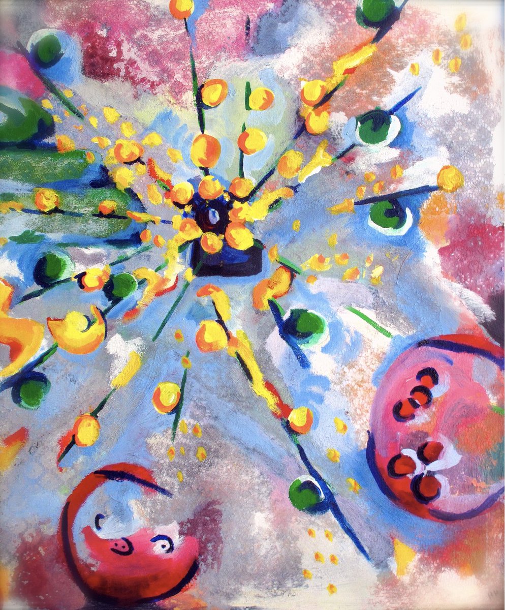 #SciArtTweetStorm, A painting of some endosomes (yellow) and the #Centrosome (barrel) by @lovelessradio circa 2012