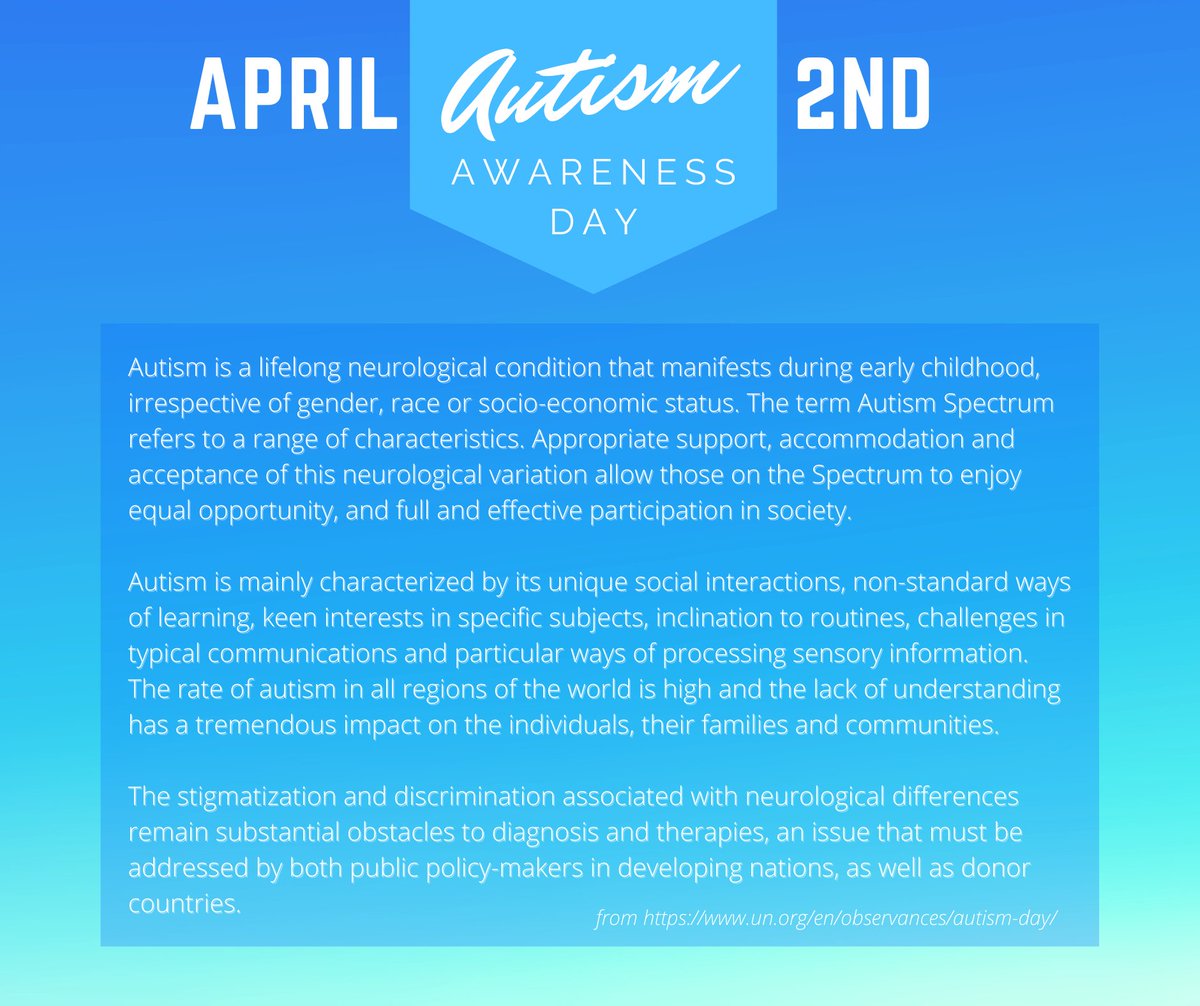 April 2, is Autism Awareness Day! To learn more about Autism please visit:
un.org/en/observances…
Centre for Autism Services Alberta 
Autism Edmonton 
Autism Calgary