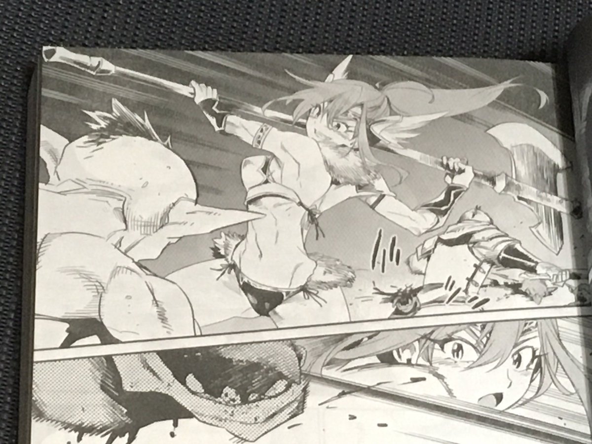 今発売中のビッグガンガン4月号にゴブリンスレイヤー48話掲載中です!神官ちゃんがパーティのリーダーになったり今新しい冒険者一党が登場したりゴブリンが死んだりします。
ビキニアーマーの女戦士だ!やったぜ!!
そして来月は表紙&巻頭カラーだ!見逃すな! #ゴブスレ