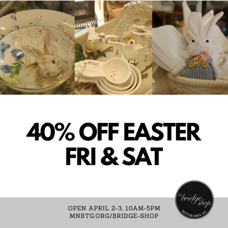 mnbtg's tweet photo. The Easter/Spring Sale at The Bridge Shop is happening!

- Join us April 2-3, 10:00 am-5:00 pm
- Shop the spring PORCH SALE, the large selection of 40% OFF Easter décor, and MUCH more!
Learn more about The Bridge Shop: https://t.co/enZTj4l3TP

605 Birch Ave, Alexandria, MN 56308 https://t.co/Tr1beoT77J