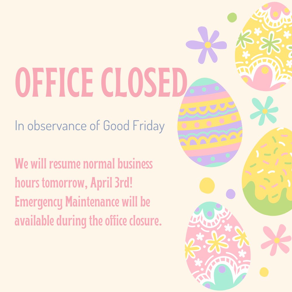 Our office will be closed today for Good Friday! Come visit or contact us tomorrow during normal business hours for all of your resident or apartment shopping needs :)

#OfficeClosure #GoodFriday #HappyEaster #BrixworthAtBridgeStreet #WishYouLivedHere