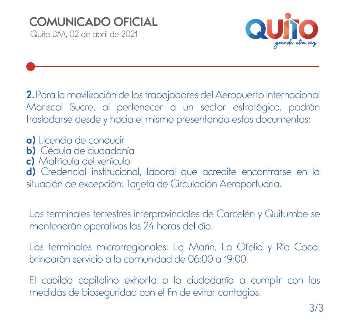 elcomerciocom's tweet photo. #URGENTE | Medidas del Municipio de #Quito por estado de excepción:

- Hoy No Circula sigue en Distrito: Todos transitan este feriado, sábado y domingo (medidas COE Nacional para red vial estatal)
- Cierre de parques
- Suspensión de cines, gimnasios
- Toque de queda 20:00 - 05:00 https://t.co/GQVW5VztEV