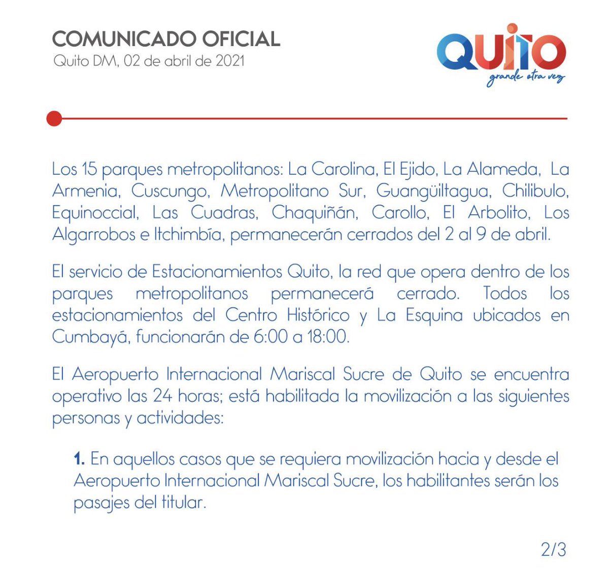 elcomerciocom's tweet photo. #URGENTE | Medidas del Municipio de #Quito por estado de excepción:

- Hoy No Circula sigue en Distrito: Todos transitan este feriado, sábado y domingo (medidas COE Nacional para red vial estatal)
- Cierre de parques
- Suspensión de cines, gimnasios
- Toque de queda 20:00 - 05:00 https://t.co/GQVW5VztEV