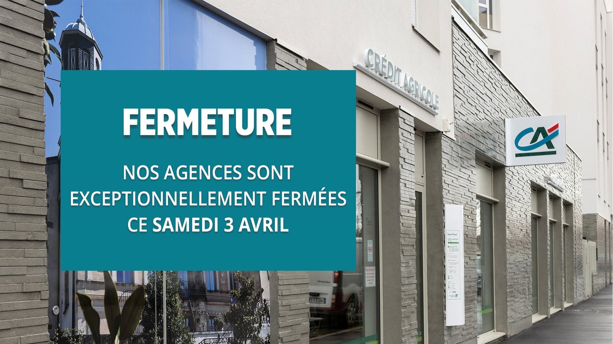 ℹ️ Nos agences seront fermées ce samedi 3 avril. Retrouvez le détail de vos comptes depuis votre espace sécurisé en ligne 💻 ou via notre application Ma Banque 📱👉 credit-agricole.fr/ca-centrest/pa…