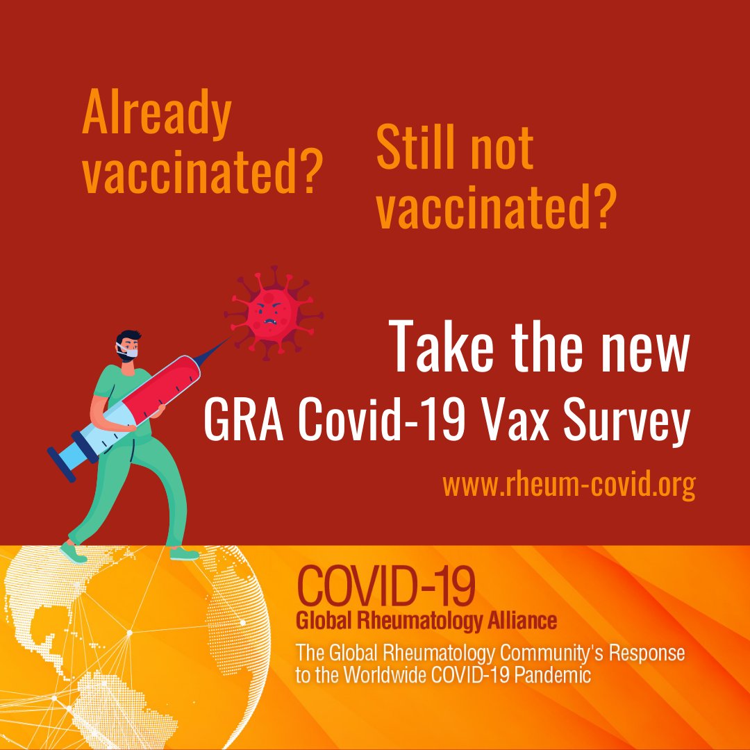 rheum_covid's tweet photo. Already vaccinated? Not vaccinated yet? Take the new GRA COVID-19 Vax survey to tell us about your experience! Open to any adults with rheumatic disease. 

Click HERE: https://t.co/SdCavHeGdz https://t.co/e7J2cDM8Jg