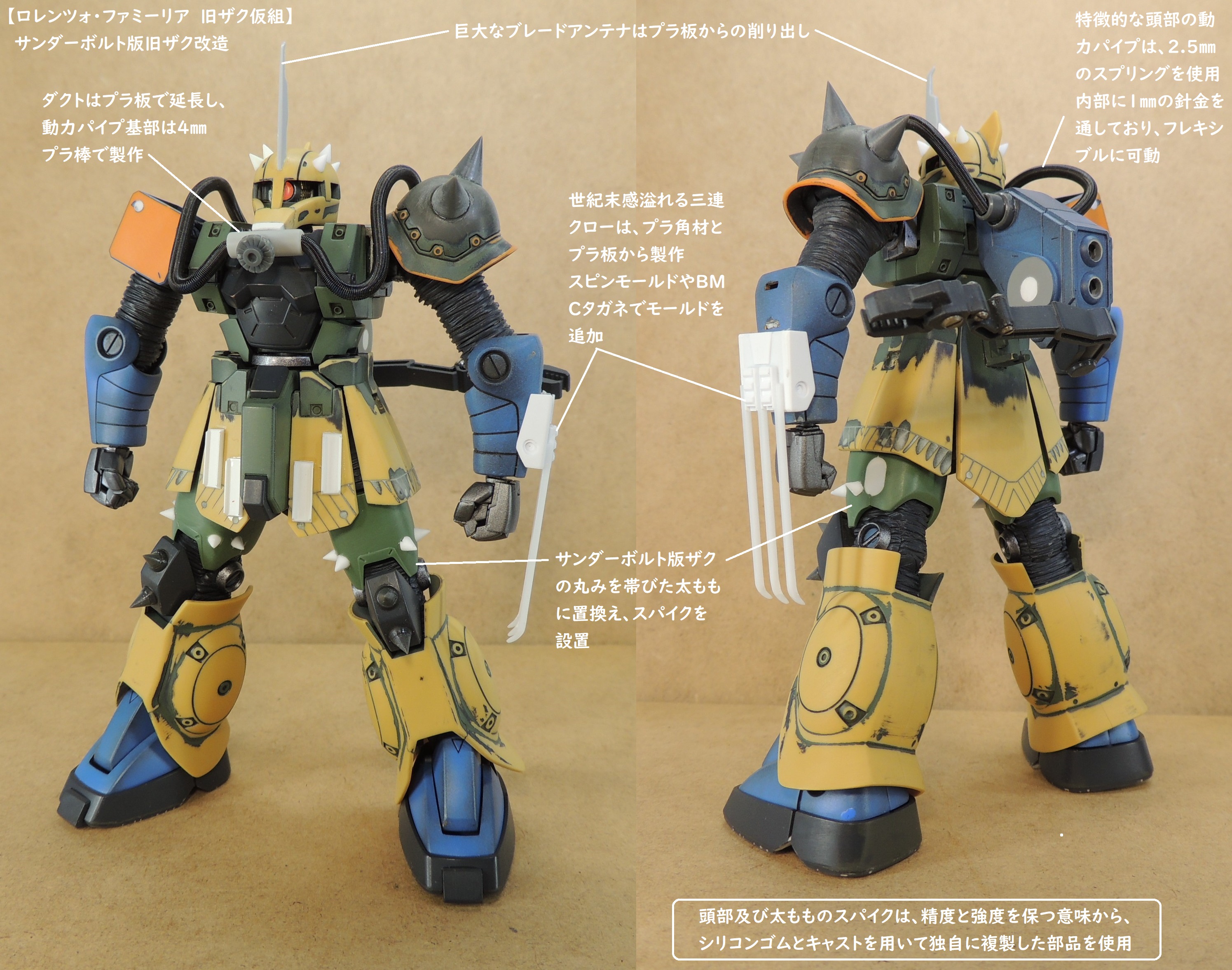 あやぽん 機動戦士ガンダム サンダーボルト 外伝３ に登場した ロレンツォ ファミーリアの旧ザクを製作中 ガスマスクを想起させる特異な形状の頭部 トゲトゲしいスパイク 左腕の三連クローが 世紀末感を演出 旧ザク ツイッターで楽しむサンダー